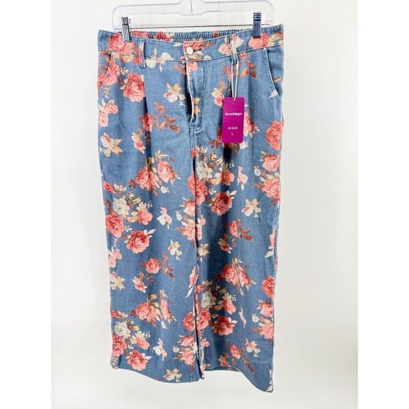 loveimgs Pants - Loveimgs Women Blue Floral Denim Wide Leg Pants High Rise NWT Size Large